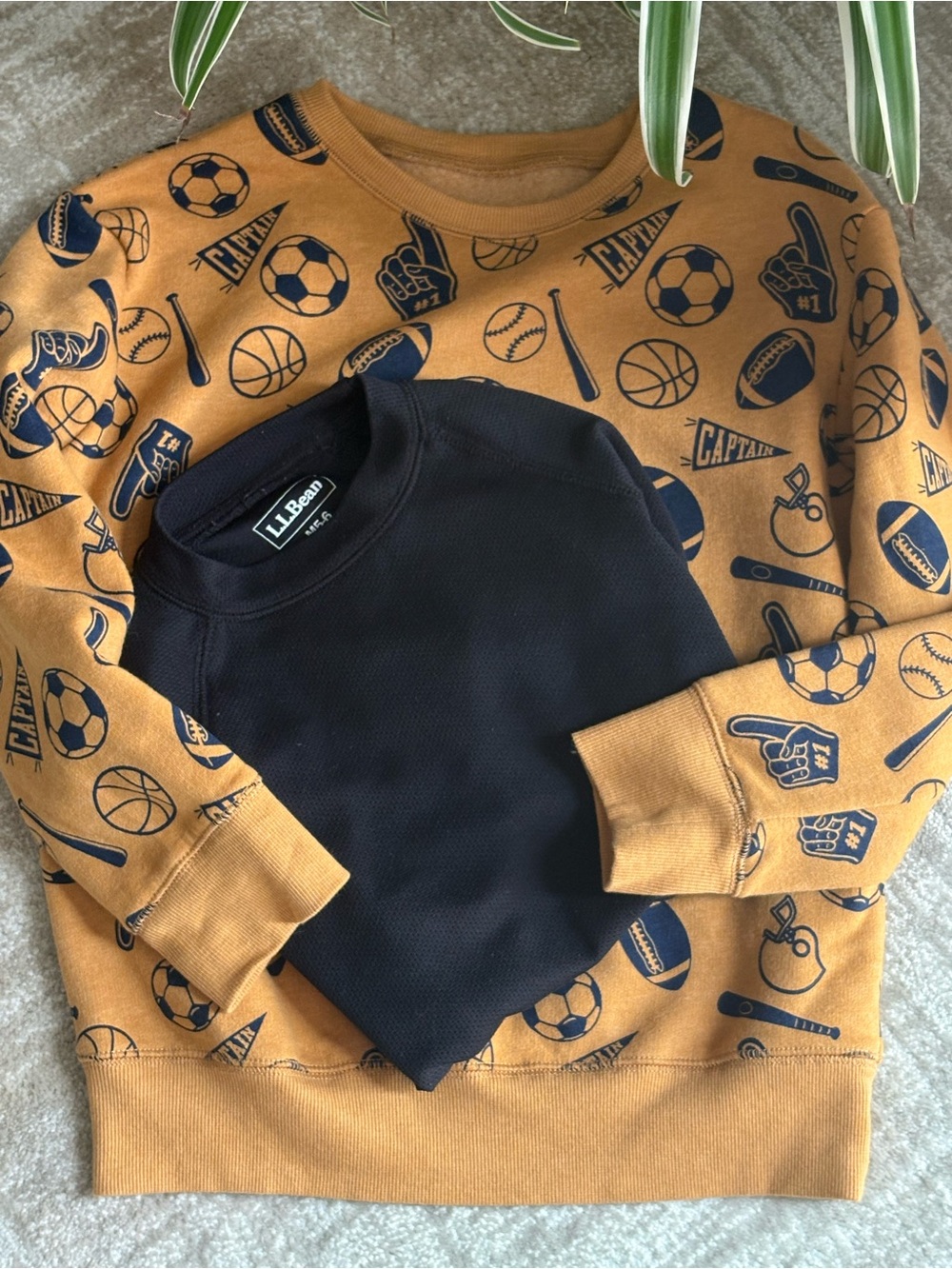 L.L. Bean Black Layering Tee & Mustard Printed Sweatshirt w/Sport Theme size 5/7